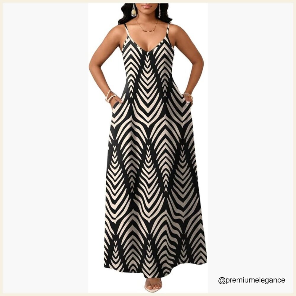 Spaghetti Strap V Neck Maxi Dress with Pockets, Loose Fit Summer Boho
